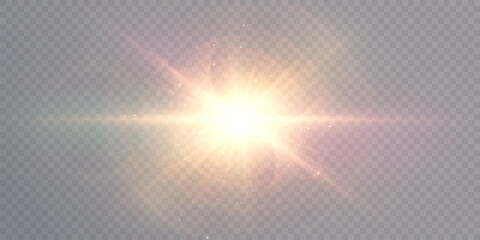 Fototapeta premium Bright sunlight light effect with warm glow of shimmering rays and glare. Vector light for design and illustrations