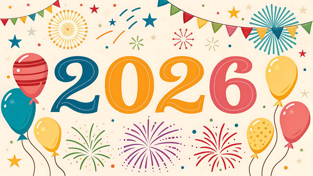 happy new year, new year's eve, silvester, new year, celebration greeting card, new year card - Year 2026 in sparkler font and firework fireworks pyrotechnic, isolated on black night sky background.
 - Powered by Adobe