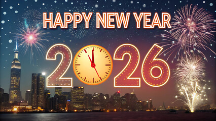 happy new year, new year's eve, silvester, new year, celebration greeting card, new year card - Year 2026 in sparkler font and firework fireworks pyrotechnic, isolated on black night sky background.
