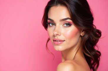 Fototapeta premium Close-up portrait of young woman in beauty style. Beautiful brunette with tied up hair and bright make-up posing in studio on pink background. Studio shot. Space for text