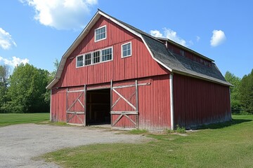 Fototapeta premium Rustic Barnyard Scene with a Vintage Red Barn and Farmland Aesthetics