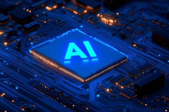 A close-up view captures a glowing microchip labeled AI situated on a detailed circuit board. The illuminated blue lights contrast against the dark surface, highlighting modern technology