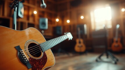 An elegant acoustic guitar showcases its beauty in a softly lit studio, emphasizing the artistic and emotional ties between musicians and their cherished instruments.