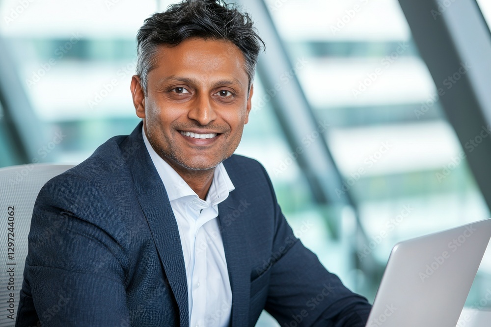 Poster man in a suit is smiling and sitting in front of a laptop