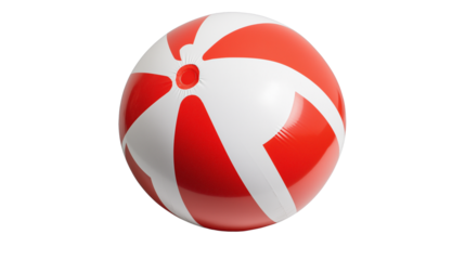 Classic red and white striped beach ball, fun summer activity for kids and adults, isolated on white background, PNG format, top view