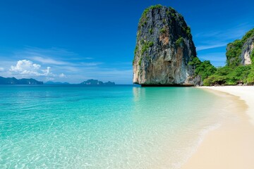 Beautiful beach with a large rock in the water