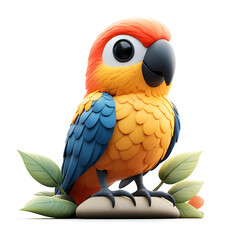 Cute sun conure parrot standing on a rock with tropical leaves