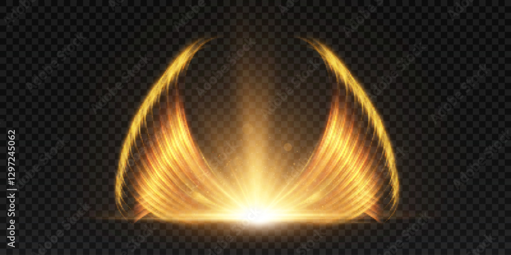 Poster Glowing waves in the form of fiery wings with a central flash. For spectacular visual compositions, magic, fantasy and sci-fi projects.. Vector illustration