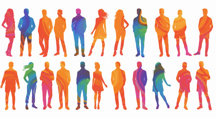 Colorful vector silhouettes men and women, illustration. Silhouettes of young people posing in fashionable clothes. EPS 10 version.	