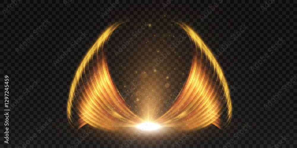 Poster Glowing waves in the form of fiery wings with a central flash. For spectacular visual compositions, magic, fantasy and sci-fi projects. Vector illustration