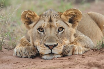 Fototapeta premium Intense Lion Portrait: Capturing the Roar and Spirit of the Wild in Dusty Surroundings