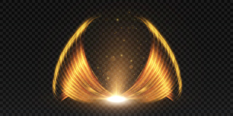 Glowing waves in the form of fiery wings with a central flash. For spectacular visual compositions, magic, fantasy and sci-fi projects. Vector illustration