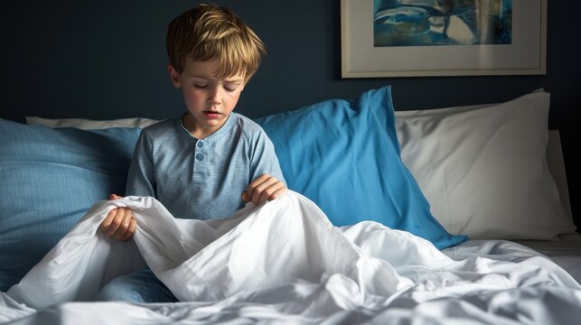 Young boy sitting on edge of his bed with a worried expression, holding a wet bedsheet. emotional aspect of childhood enuresis