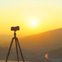 Camera on Tripod Capturing Sunset Scenery Orange Tones Silhouette Mountain Background Nature Photography