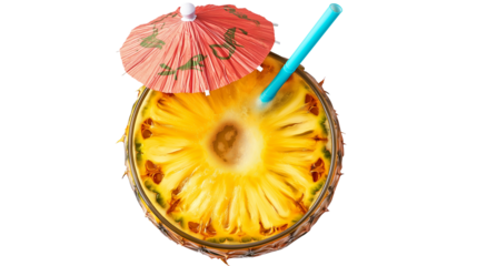Tropical pineapple drink with an umbrella and straw, refreshing beach cocktail, isolated on white background, PNG format, top view