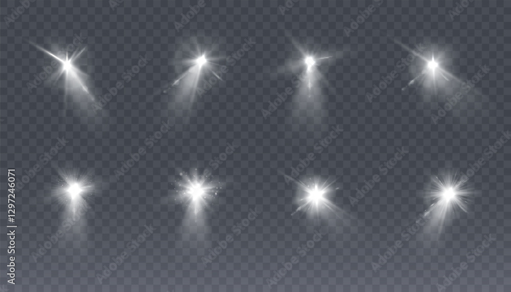 Poster set of spotlight white light isolated on transparent background. vector glowing light effect with tr