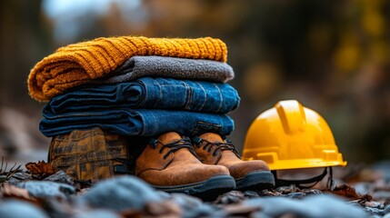 Work clothes, boots and safety helmet resting on rocks in nature