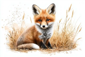 Obraz premium Small fox is sitting in the grass