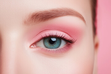Close-up of a blue eye with soft pink eyeshadow and natural lashes