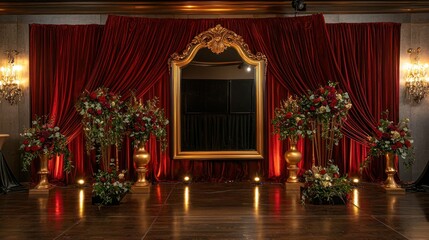 Elegant event backdrop with ornate mirror, red velvet drapes, gold accents, and floral arrangements.