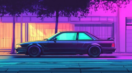 A sleek sports car driving down a vibrant neon lit street