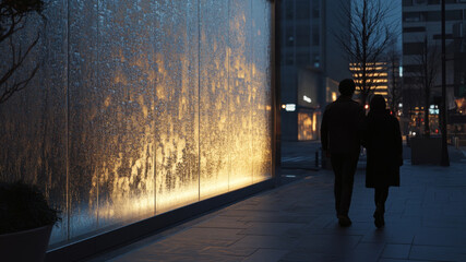 Silhouetted Couple Walking by a Golden Lit Wall on a Chilly Evening