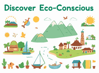 Obraz premium Discover Eco-Conscious Travel Destinations - Sustainable Tourism Symbols