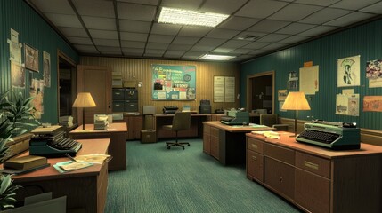 Retro office interior with desks, typewriters, and vintage decor.