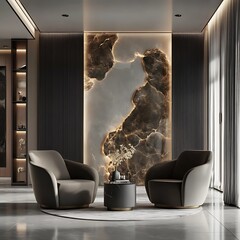 Elegant Interior Featuring Armchairs with Decorative Marble Wall and Minimalist Aesthetics Design