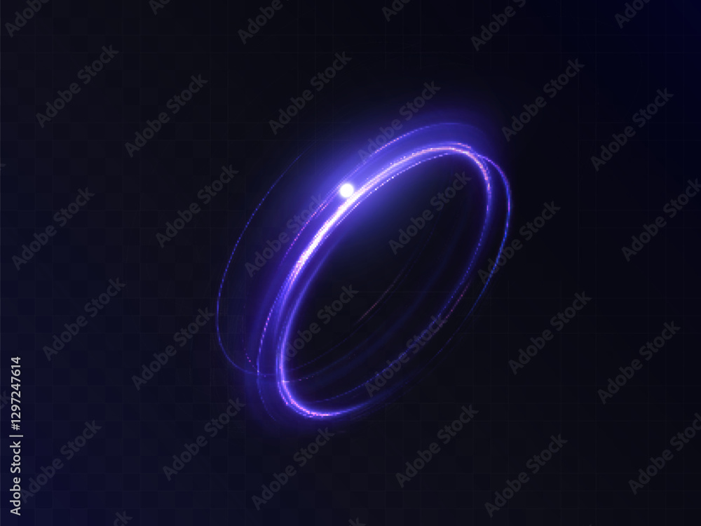 Poster Bright neon swirl. Semicircular lines on a dark background with a bright glowing glare. The effect of moving glowing lines for game interfaces. Vector