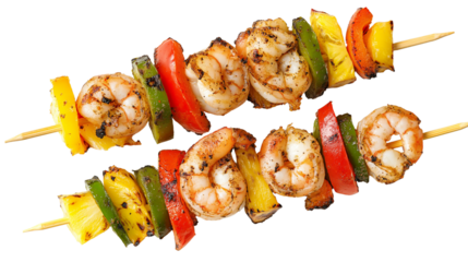 Grilled seafood skewer with shrimp, bell peppers, and pineapple, perfect for a beach barbecue, isolated on white background, PNG format, top view
