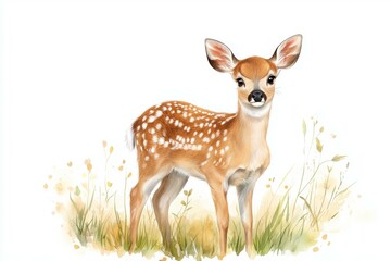 Small deer with white spots stands in a field of grass