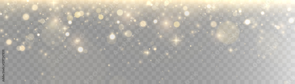 Poster Gold dust light bokeh. Christmas glowing bokeh and glitter overlay texture for your design on a transparent background. Golden particles abstract vector background.	