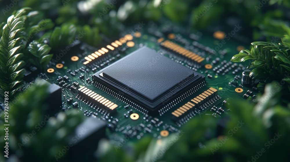 Poster a modern cpu processor chip placed on a vibrant green background