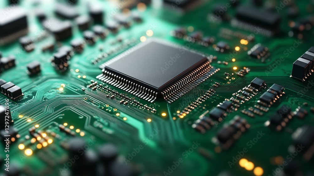 Poster a modern cpu processor chip placed on a vibrant green background