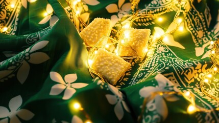 Traditional Kuih Raya Arranged on Batik Fabric with Fairy Lights