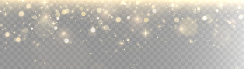 Gold dust light bokeh. Christmas glowing bokeh and glitter overlay texture for your design on a transparent background. Golden particles abstract vector background.	
