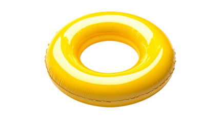 Bright yellow inflatable swim ring, essential beach and pool accessory, isolated on white background, PNG format, top view