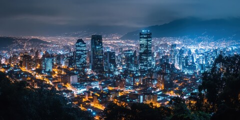 Panoramic Night View of Bogota: Urban Skyline with Skyscrapers and Architectural Wonders