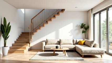 beautiful modern room with stairs to the second floor