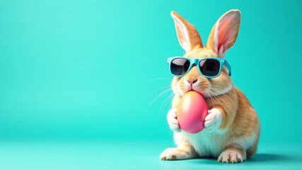 Obraz premium easter bunny in sunglasses with eggs on blue background