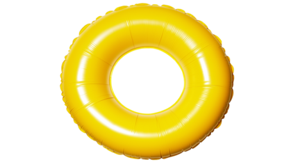Bright yellow inflatable swim ring, essential beach and pool accessory, isolated on white background, PNG format, top view