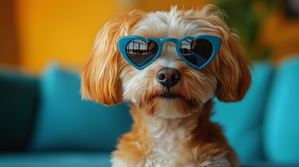 Close-up of a dog wearing blue heart-shaped sunglasses