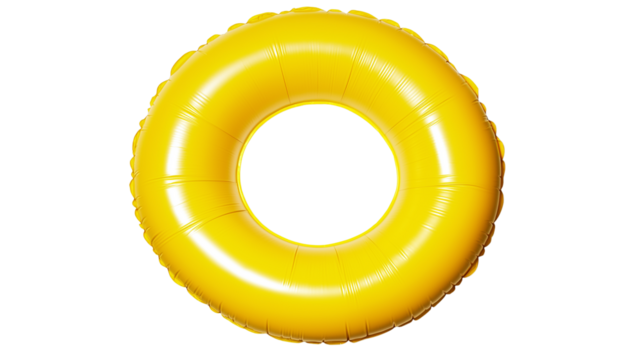Bright yellow inflatable swim ring, essential beach and pool accessory, isolated on white background, PNG format, top view