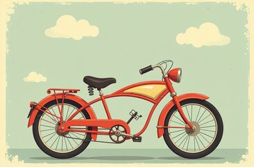 Fototapeta premium Old motorcycle against blue sky with clouds. Vintage, clip art