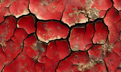 Cracked red paint texture revealing a textured underlayer with earth tone colors