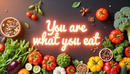 Motivational phrase "You are what you eat" with glowing text surrounded by fresh vegetables, fruits, and healthy foods.