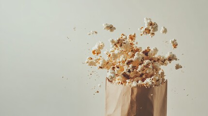 A paper bag of popcorn spills across a white background. 