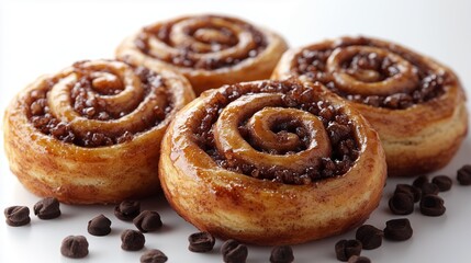 Fototapeta premium Three freshly baked cinnamon rolls with golden brown pastry