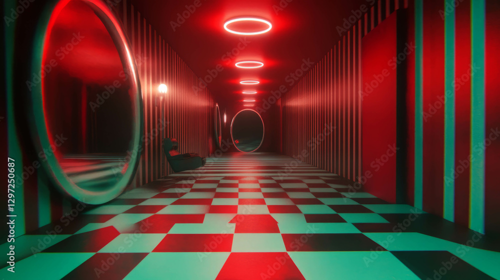 Poster endless futuristic corridor with repeating patterns and red neon lighting